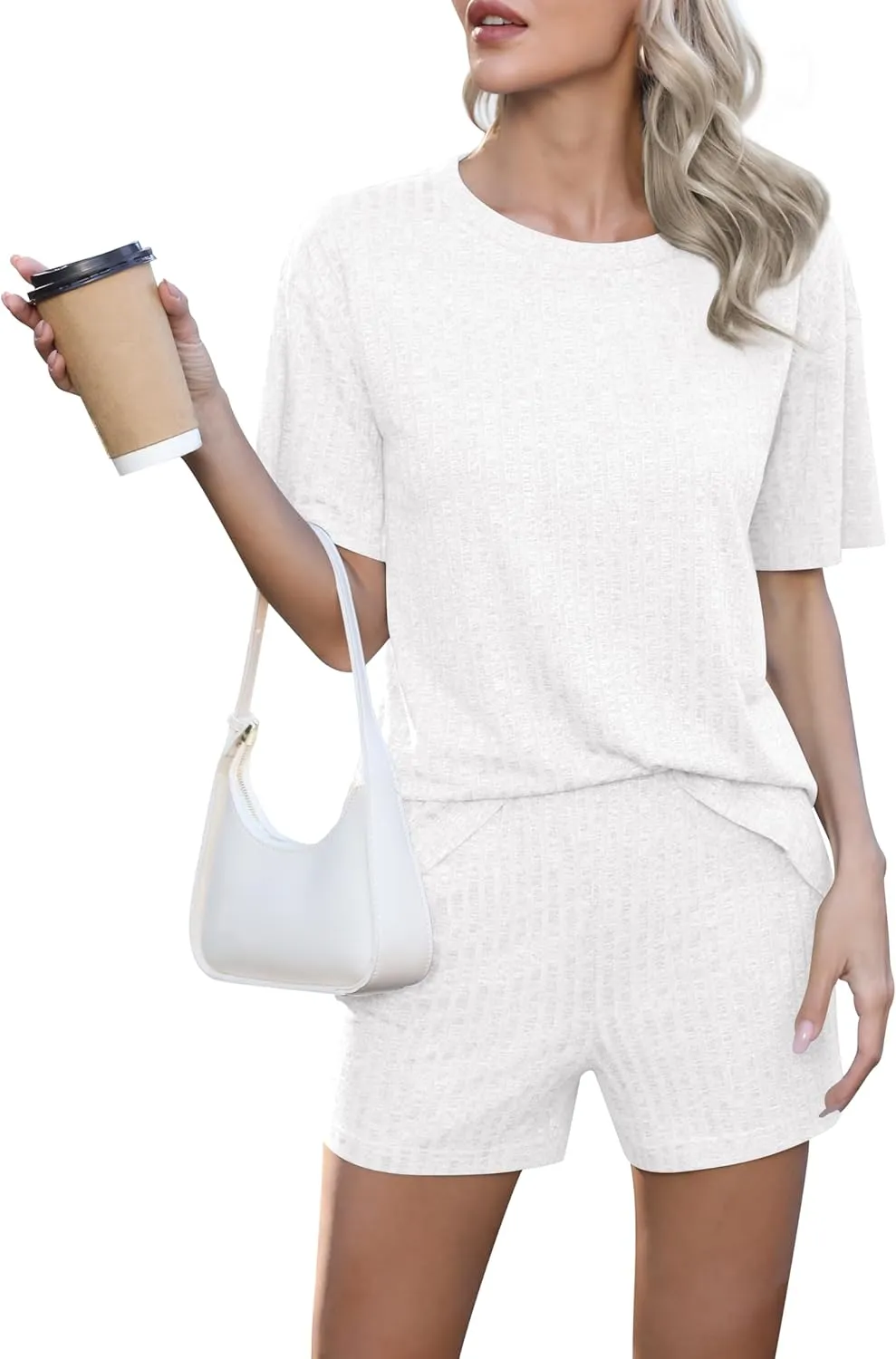 Jouica Womens Pajamas 2 Piece Lounge Sets Ribbed Knit Matching Outfits T-shirt Biker Shorts Sleepwear Loungewear Sweatsuits