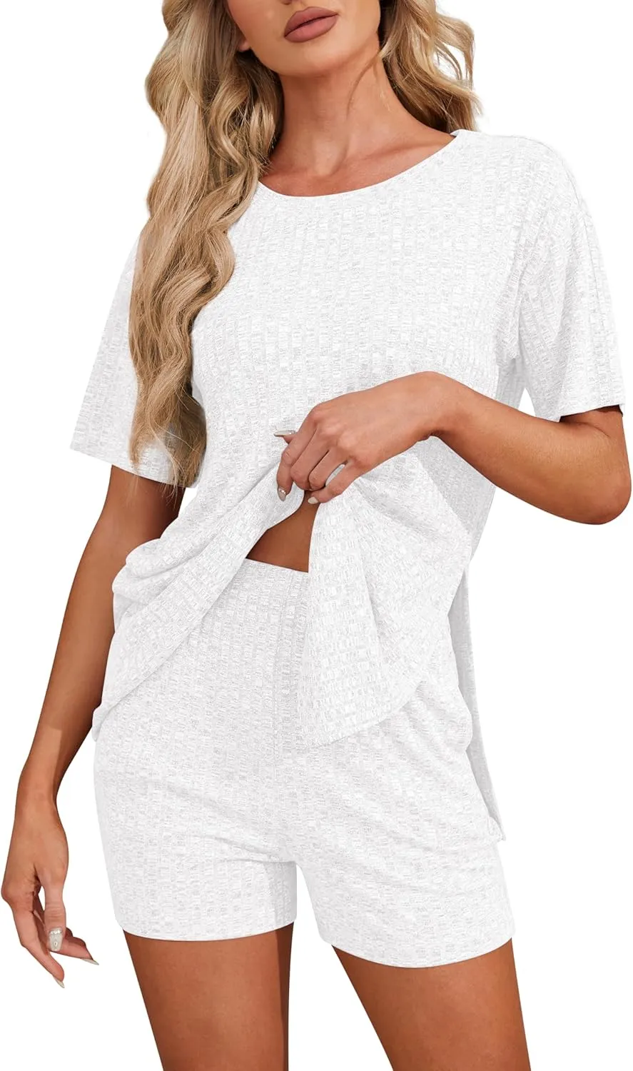 Jouica Womens Pajamas 2 Piece Lounge Sets Ribbed Knit Matching Outfits T-shirt Biker Shorts Sleepwear Loungewear Sweatsuits