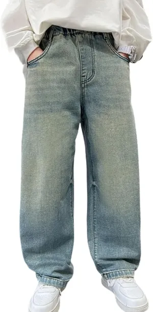 Kids Teen Boys Baggy Jeans Casual Straight Wide Leg Jeans Y2K Loose Elastic Waist Denim Pants Trousers with Pockets