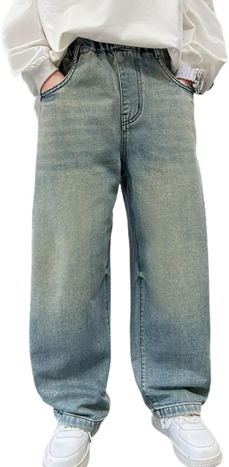 Kids Teen Boys Baggy Jeans Casual Straight Wide Leg Jeans Y2K Loose Elastic Waist Denim Pants Trousers with Pockets