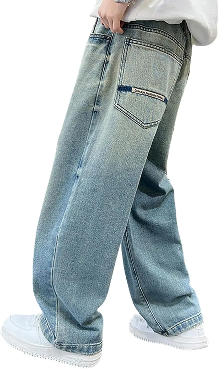 Kids Teen Boys Baggy Jeans Casual Straight Wide Leg Jeans Y2K Loose Elastic Waist Denim Pants Trousers with Pockets