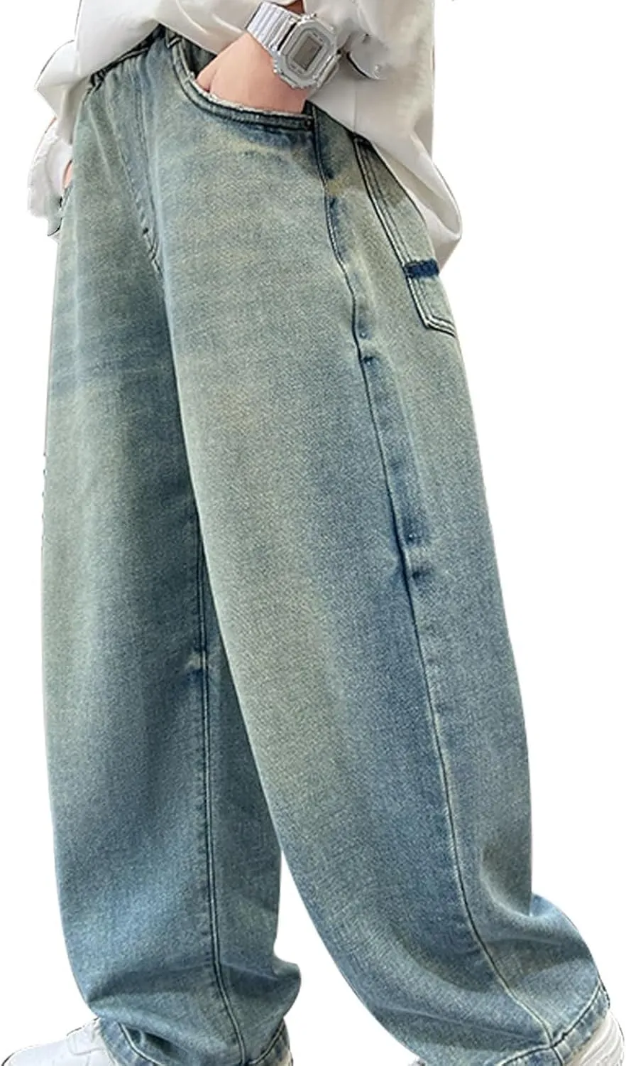 Kids Teen Boys Baggy Jeans Casual Straight Wide Leg Jeans Y2K Loose Elastic Waist Denim Pants Trousers with Pockets