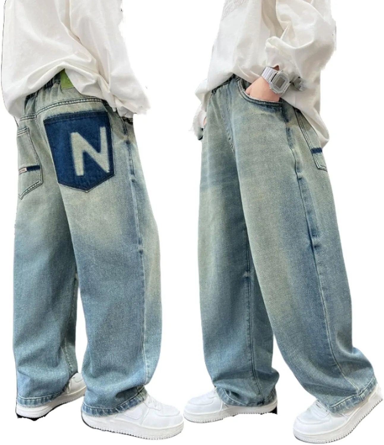 Kids Teen Boys Baggy Jeans Casual Straight Wide Leg Jeans Y2K Loose Elastic Waist Denim Pants Trousers with Pockets