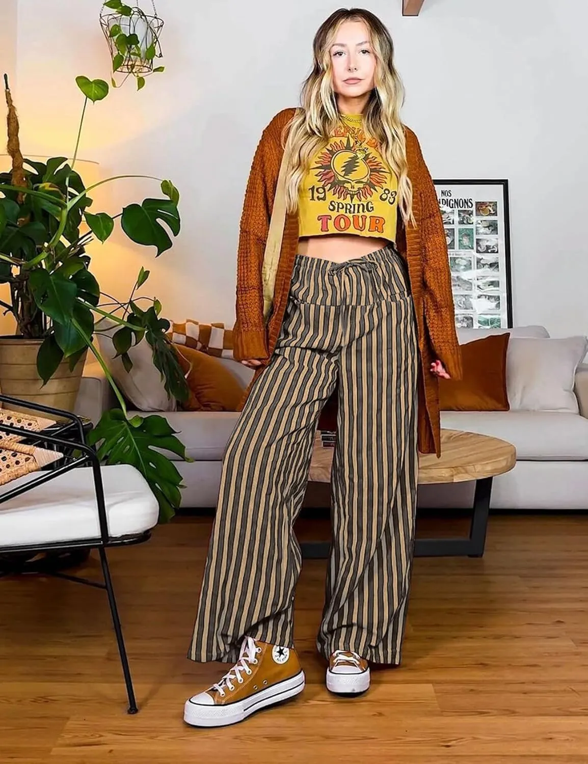 Kissonic Women Striped Pants Casual Drawstring Wide Leg Trousers Loose Lounge Pajama Pants with Pockets