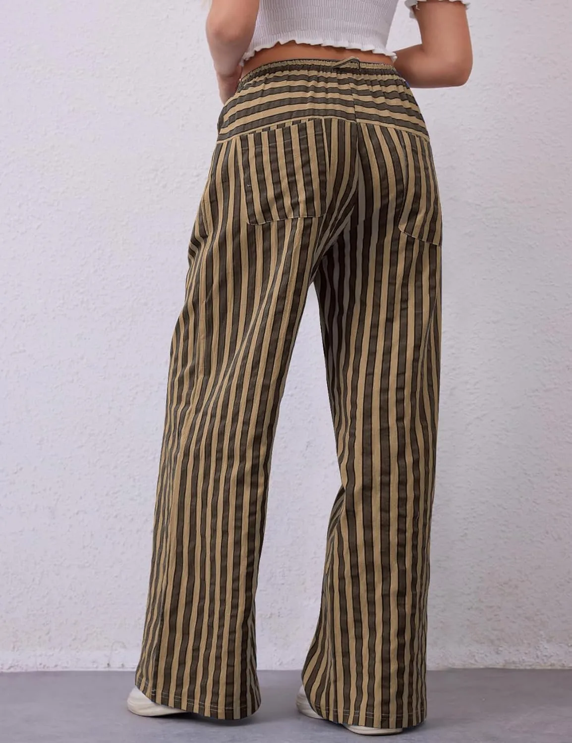 Kissonic Women Striped Pants Casual Drawstring Wide Leg Trousers Loose Lounge Pajama Pants with Pockets