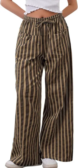 Kissonic Women Striped Pants Casual Drawstring Wide Leg Trousers Loose Lounge Pajama Pants with Pockets