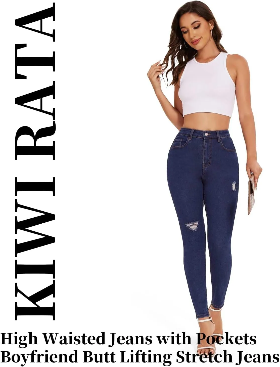 KIWI RATA Women's High Waisted Jeans for Women Ripped Skinny Stretch Jeans Butt Lifting Denim Pants