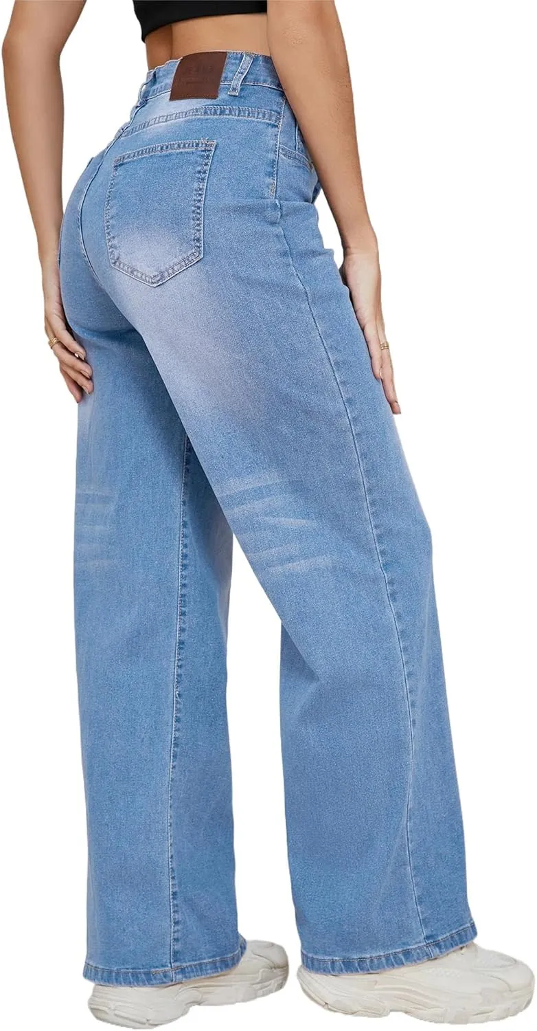 LaiyiVic Wide Leg Jeans for Women High Waisted Stretchy Straight Pants Leg Boyfriend Baggy Jeans