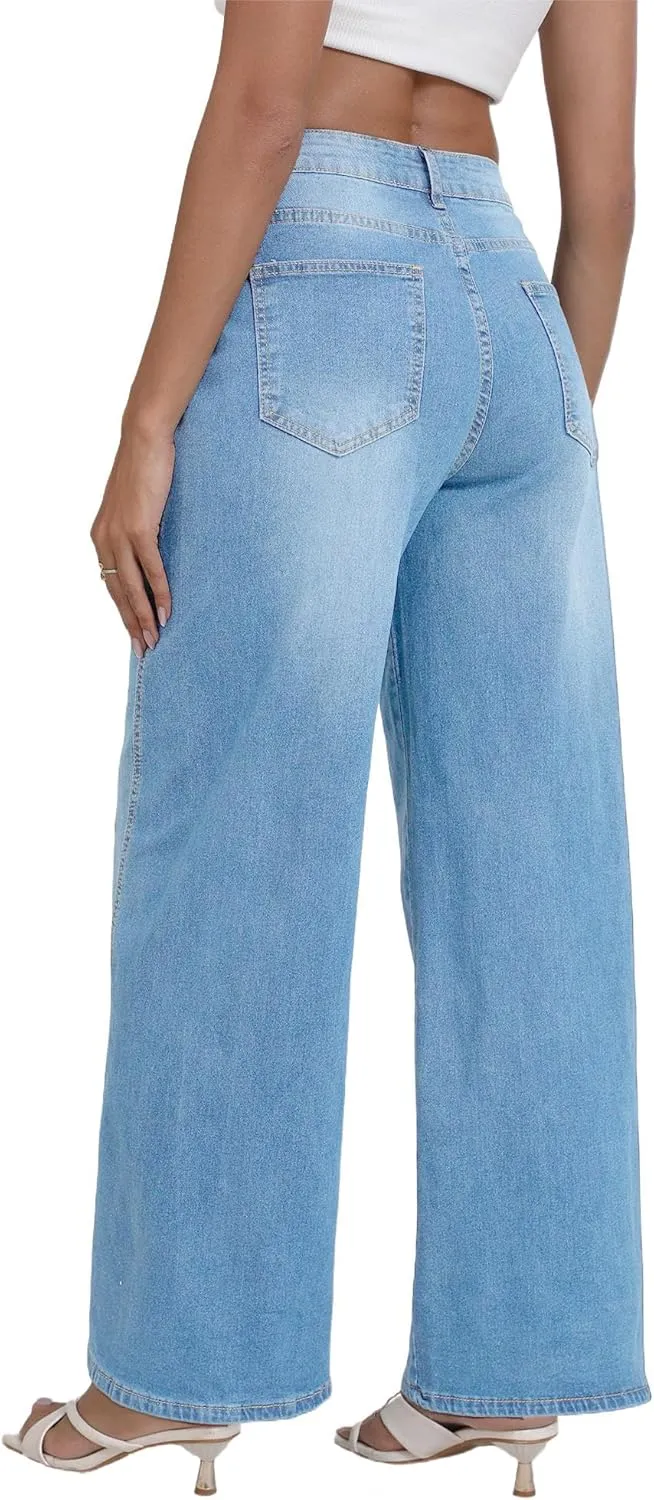 LaiyiVic Wide Leg Jeans for Women High Waisted Stretchy Straight Pants Leg Boyfriend Baggy Jeans