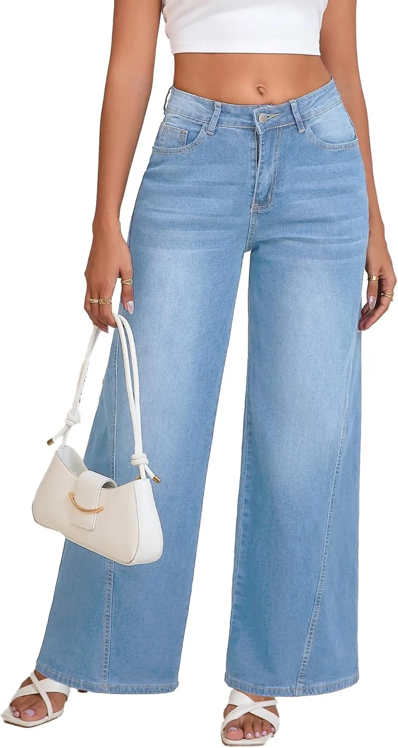 LaiyiVic Wide Leg Jeans for Women High Waisted Stretchy Straight Pants Leg Boyfriend Baggy Jeans