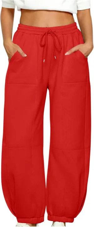 lcziwo Womens Fleece Lined Pants Baggy Wide Straight Leg Pants High Waisted Athletic Jogger Pants Drawstring Loungewear