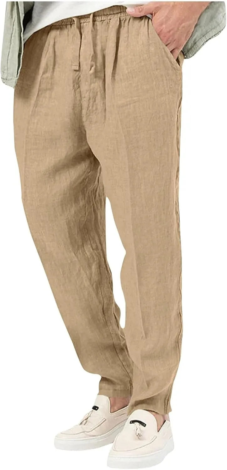 Lightweight Linen Pants Men Baggy Drawstring Summer Casual Pants Loose Fit Regular Classic Beach Trousers with Pocket