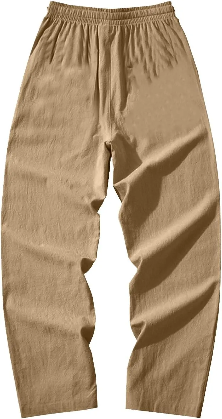 Lightweight Linen Pants Men Baggy Drawstring Summer Casual Pants Loose Fit Regular Classic Beach Trousers with Pocket