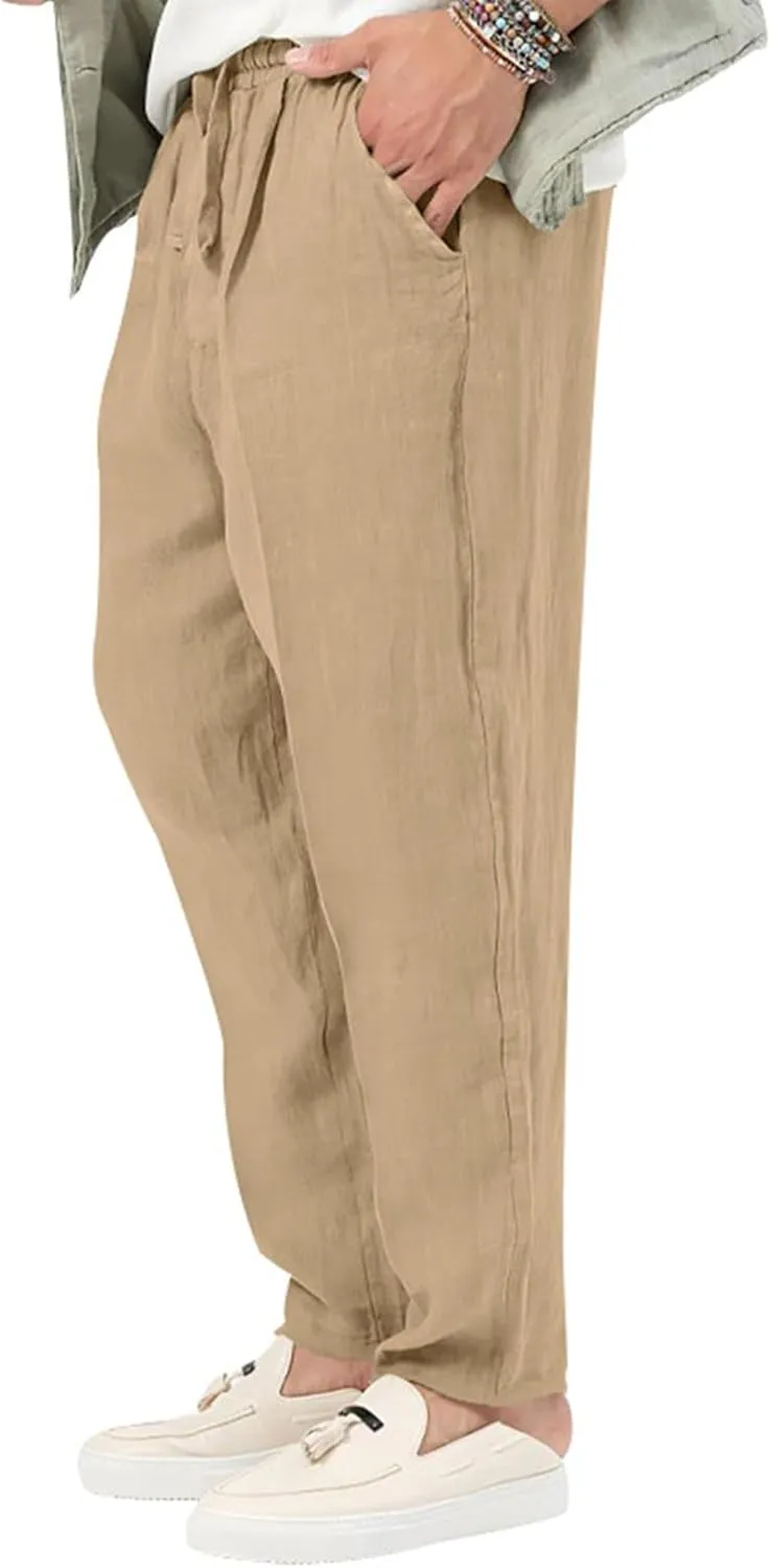 Lightweight Linen Pants Men Baggy Drawstring Summer Casual Pants Loose Fit Regular Classic Beach Trousers with Pocket