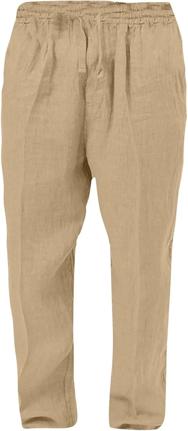 Lightweight Linen Pants Men Baggy Drawstring Summer Casual Pants Loose Fit Regular Classic Beach Trousers with Pocket