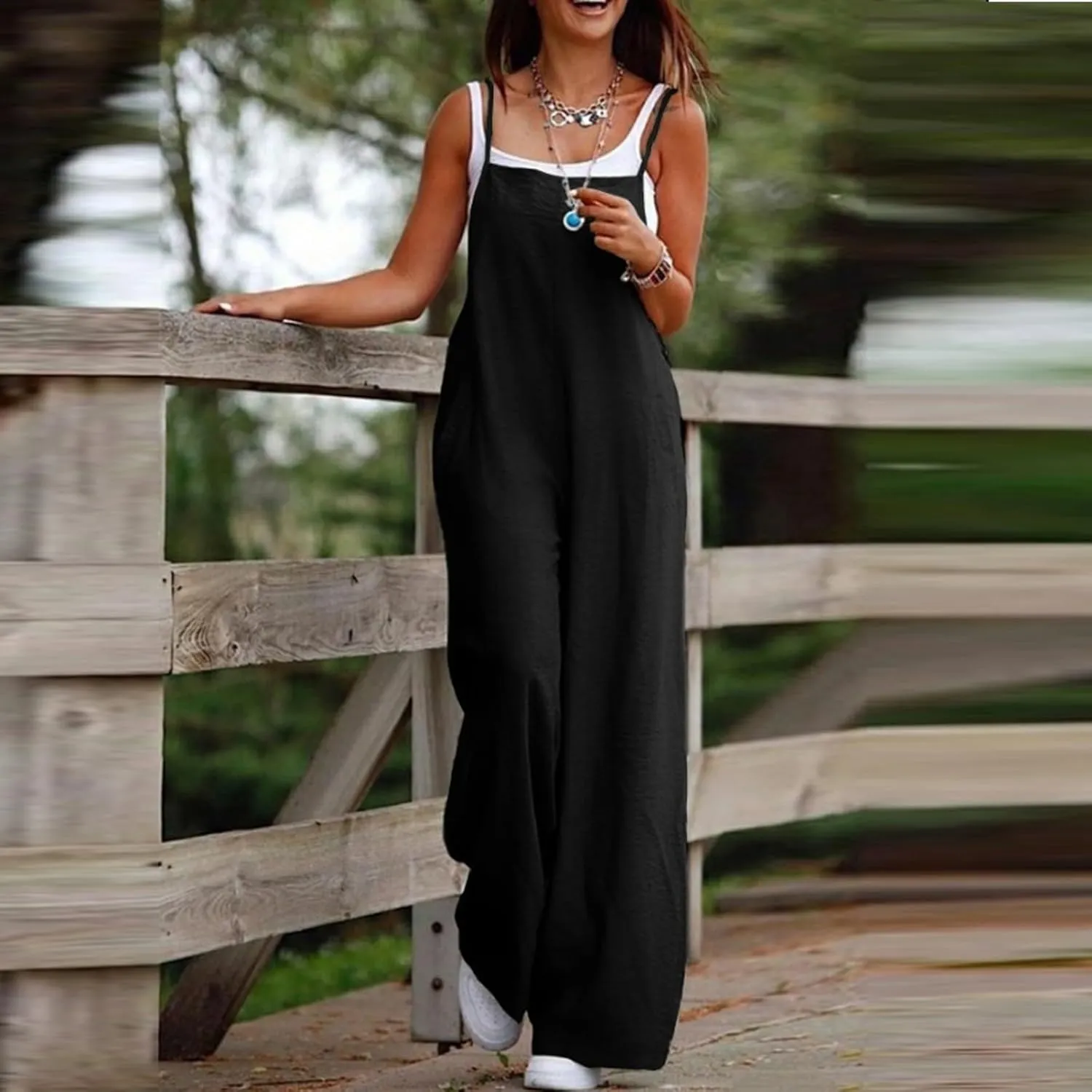 Linen Overalls for Women Loose Fit Wide Leg One Piece Jumpsuits Summer Casual Sleeveless Straps Rompers with Pockets