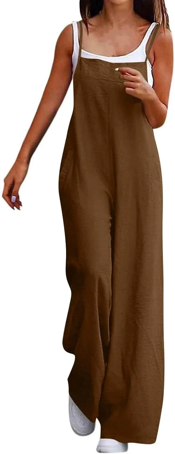 Linen Overalls for Women Loose Fit Wide Leg One Piece Jumpsuits Summer Casual Sleeveless Straps Rompers with Pockets