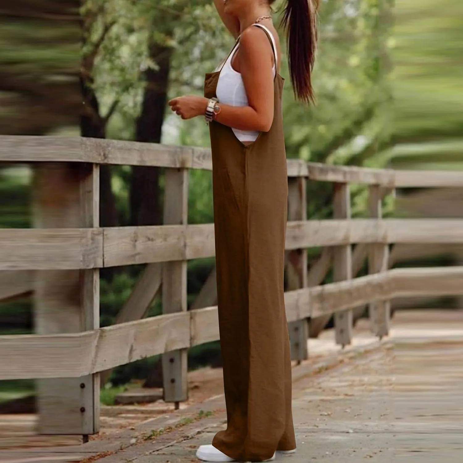 Linen Overalls for Women Loose Fit Wide Leg One Piece Jumpsuits Summer Casual Sleeveless Straps Rompers with Pockets