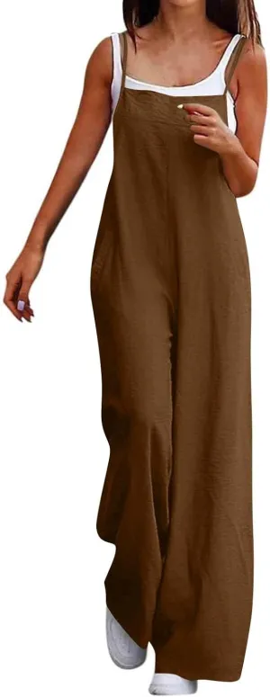 Linen Overalls for Women Loose Fit Wide Leg One Piece Jumpsuits Summer Casual Sleeveless Straps Rompers with Pockets