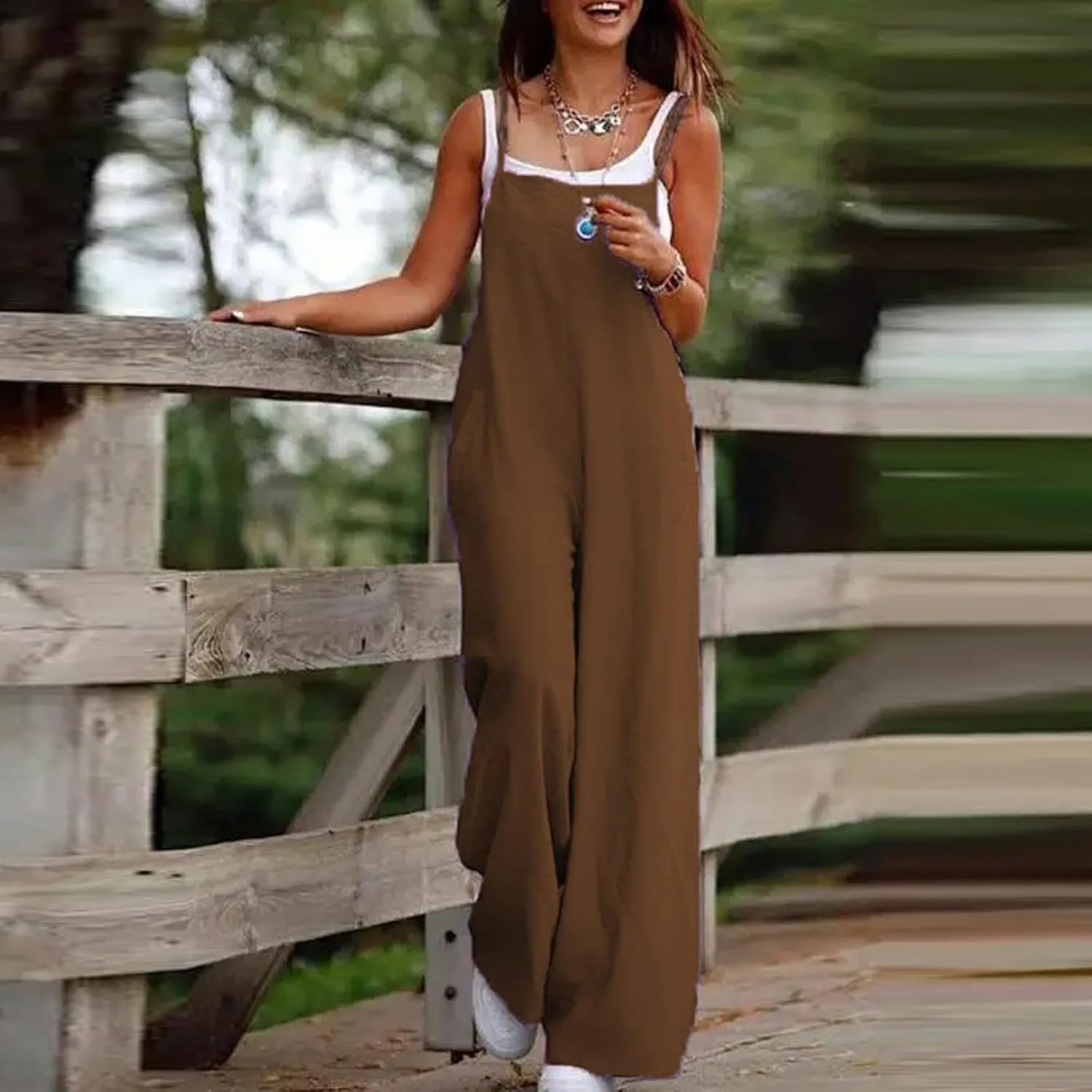 Linen Overalls for Women Loose Fit Wide Leg One Piece Jumpsuits Summer Casual Sleeveless Straps Rompers with Pockets