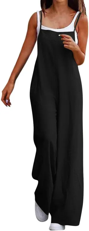 Linen Overalls for Women Loose Fit Wide Leg One Piece Jumpsuits Summer Casual Sleeveless Straps Rompers with Pockets