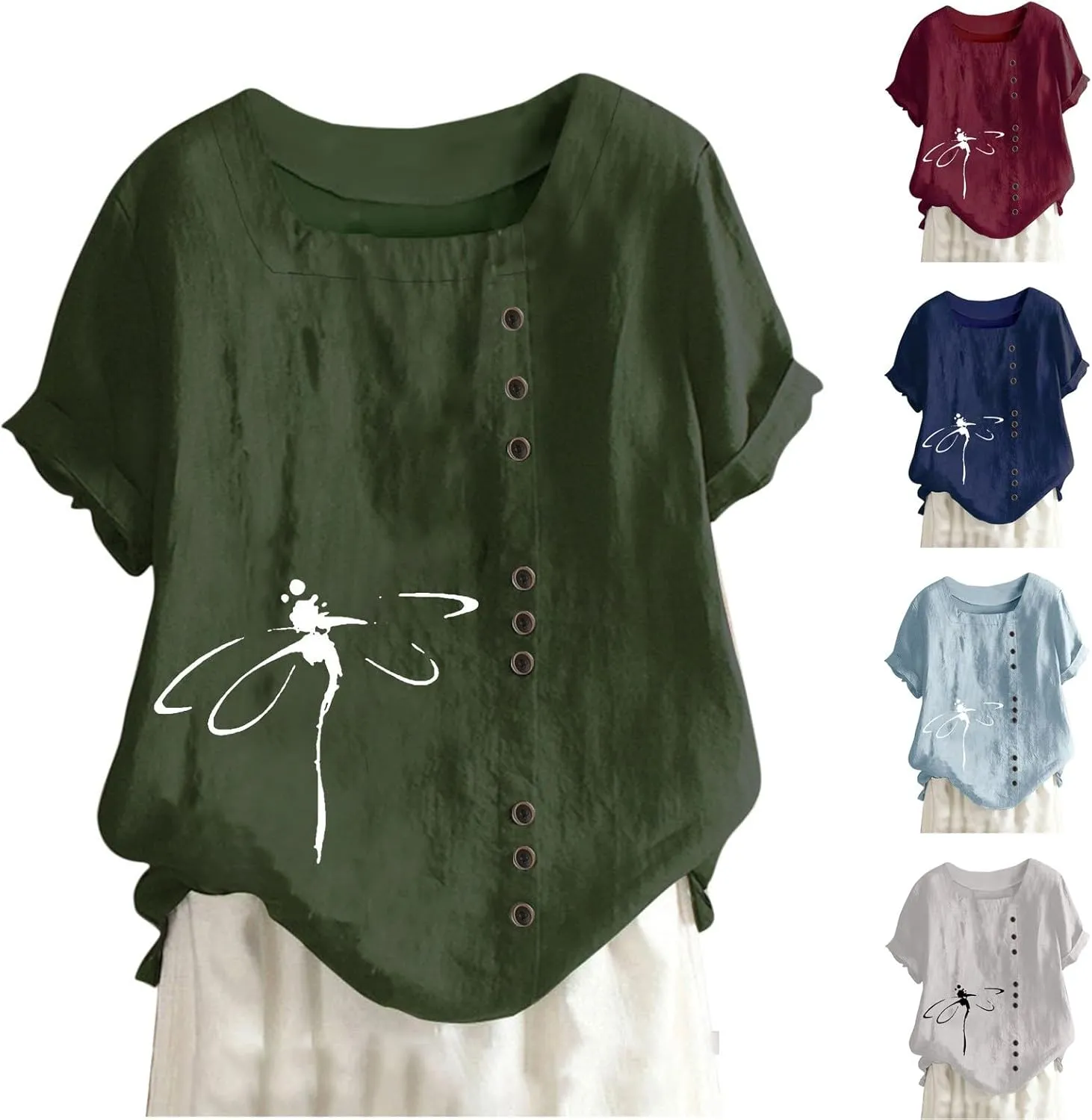 Linen Shirts for Women Summer Plus Size Crew Neck Short Sleeve Tops Loose Fit Comfy Lightweight Print Casual Blouses