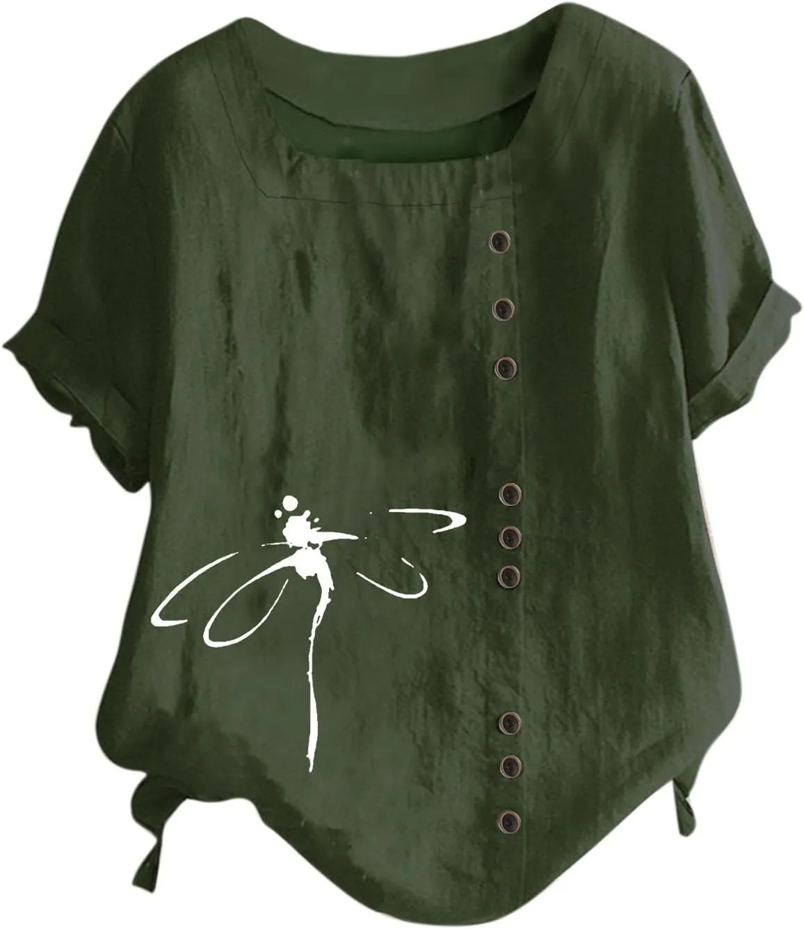 Linen Shirts for Women Summer Plus Size Crew Neck Short Sleeve Tops Loose Fit Comfy Lightweight Print Casual Blouses