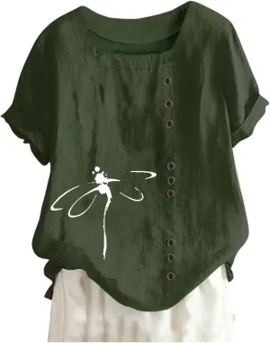 Linen Shirts for Women Summer Plus Size Crew Neck Short Sleeve Tops Loose Fit Comfy Lightweight Print Casual Blouses