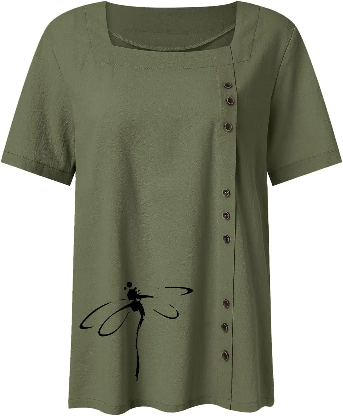 Linen Shirts for Women Summer Plus Size Crew Neck Short Sleeve Tops Loose Fit Comfy Lightweight Print Casual Blouses