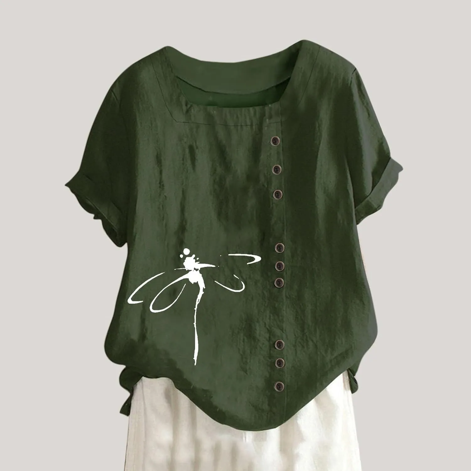 Linen Shirts for Women Summer Plus Size Crew Neck Short Sleeve Tops Loose Fit Comfy Lightweight Print Casual Blouses