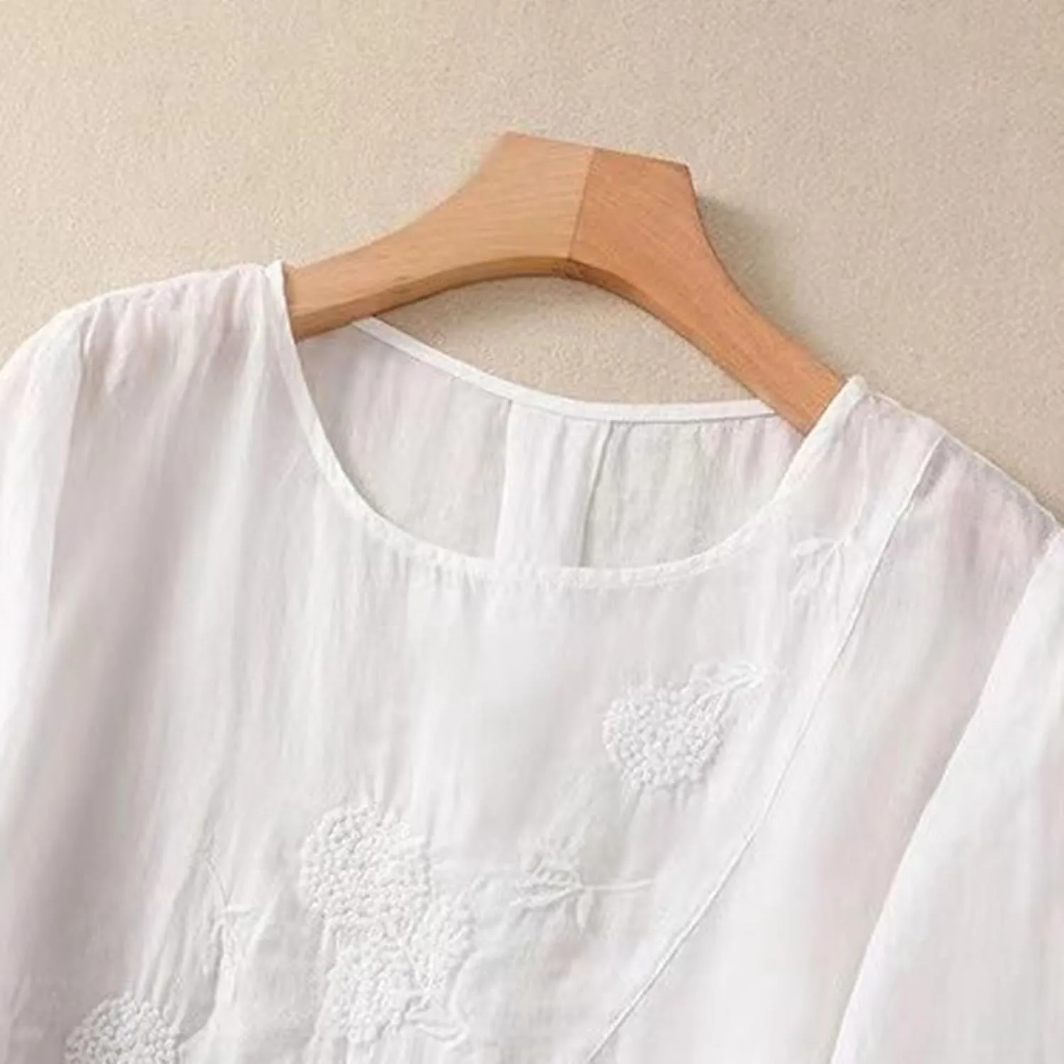 Linen Shirts for Women Vintage Embroidered Blouse Short Sleeve Summer Casual Dressy Loose Crew Neck Boho Tops
