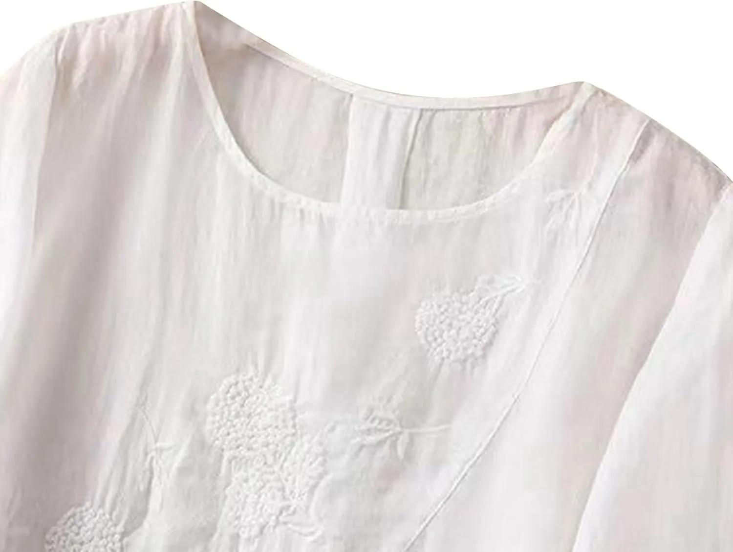 Linen Shirts for Women Vintage Embroidered Blouse Short Sleeve Summer Casual Dressy Loose Crew Neck Boho Tops
