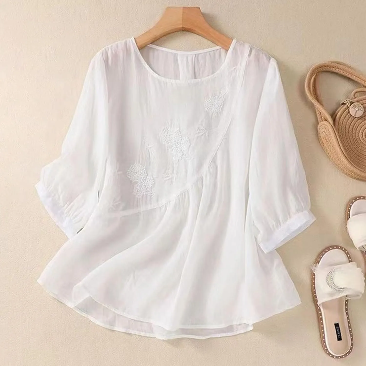Linen Shirts for Women Vintage Embroidered Blouse Short Sleeve Summer Casual Dressy Loose Crew Neck Boho Tops