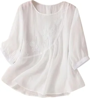 Linen Shirts for Women Vintage Embroidered Blouse Short Sleeve Summer Casual Dressy Loose Crew Neck Boho Tops
