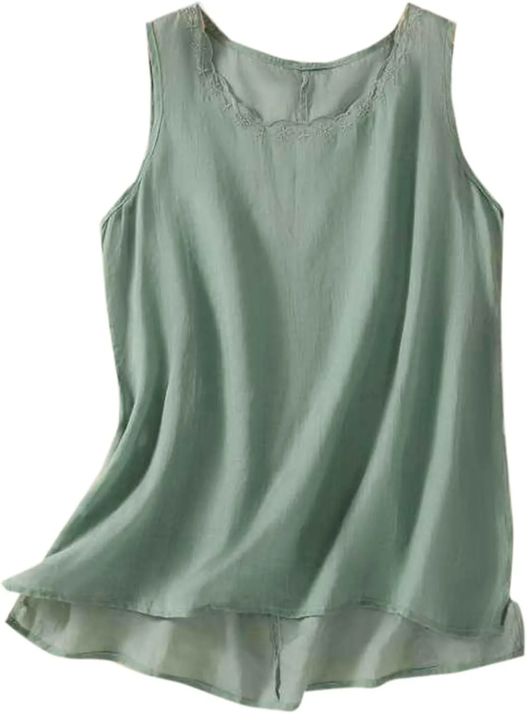 Linen Tank Women Trendy Sleeveless Round Neck Summer Cotton Shirts Side Slits Loose Solid Color Summer 2025 Tank
