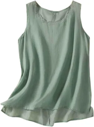 Linen Tank Women Trendy Sleeveless Round Neck Summer Cotton Shirts Side Slits Loose Solid Color Summer 2025 Tank