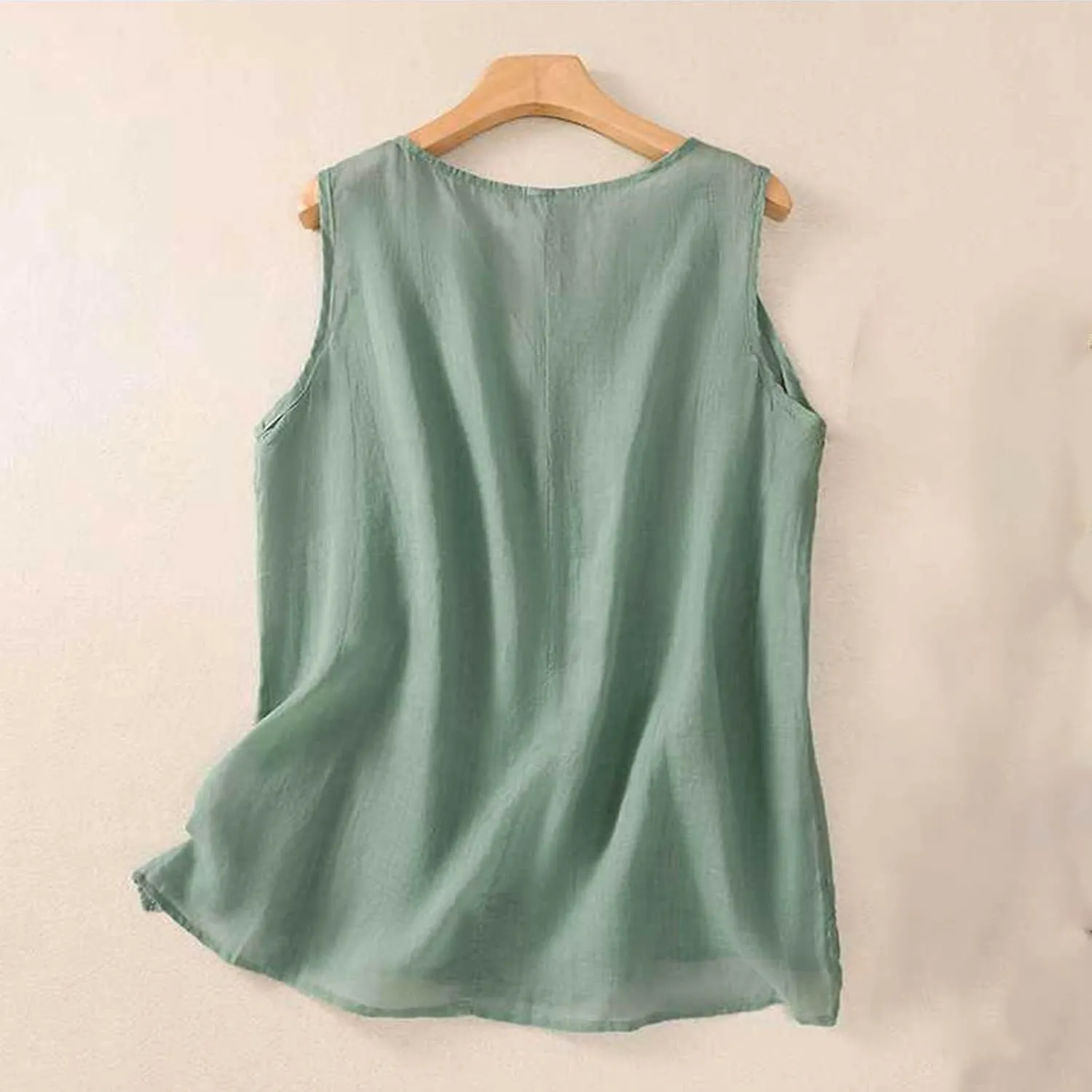 Linen Tank Women Trendy Sleeveless Round Neck Summer Cotton Shirts Side Slits Loose Solid Color Summer 2025 Tank