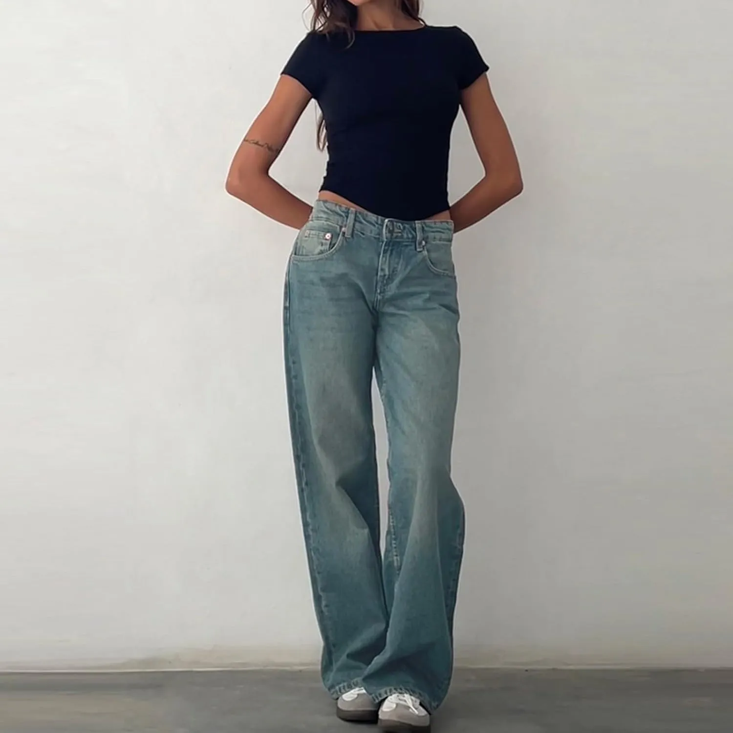 Low Rise Baggy Jeans for Women Y2k Boyfriend Barrel Wide Leg Jeans Loose Casual Denim Trousers Jeans with Pockets