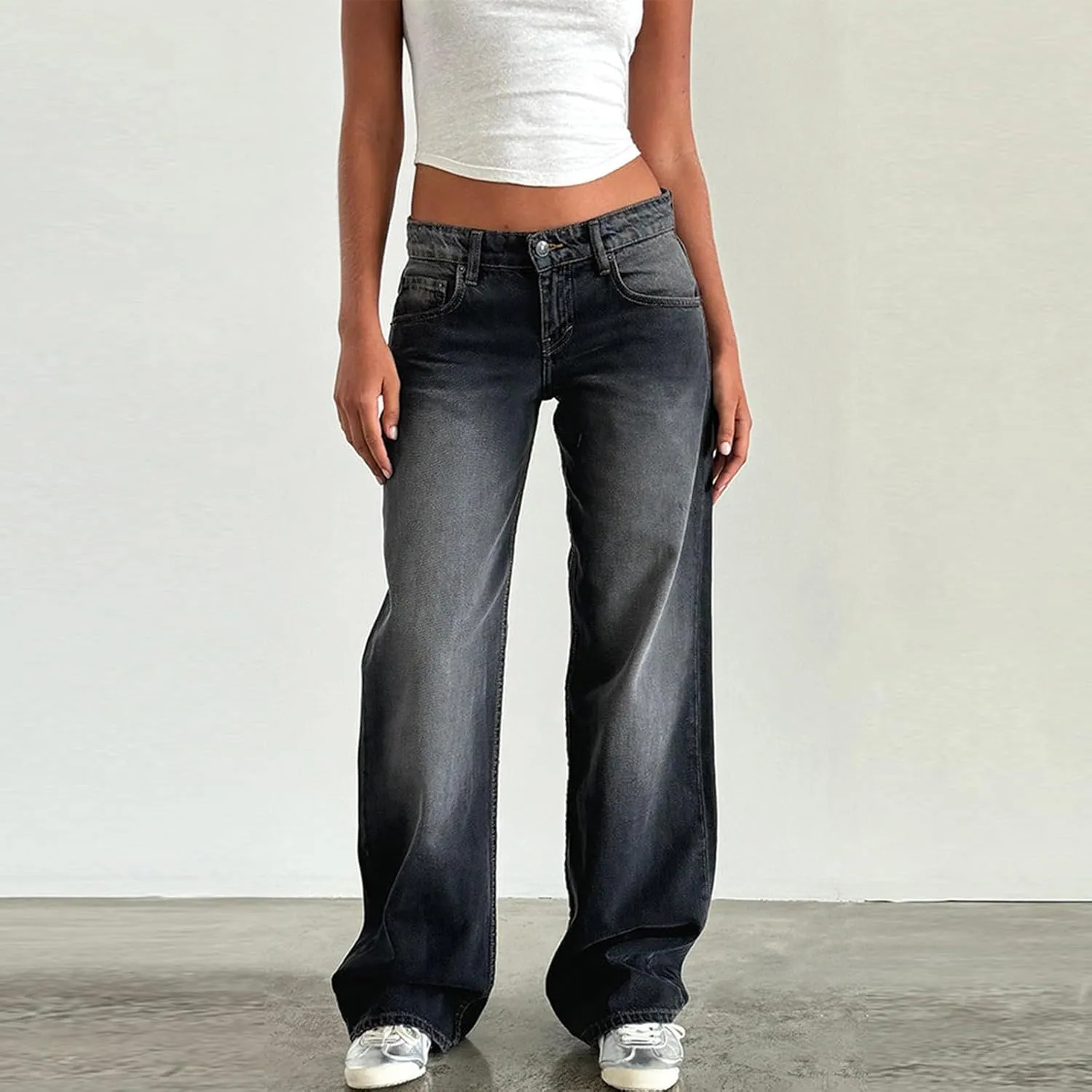 Low Rise Baggy Jeans for Women Y2k Boyfriend Barrel Wide Leg Jeans Loose Casual Denim Trousers Jeans with Pockets
