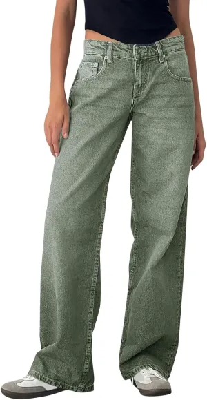 Low Rise Baggy Jeans for Women Y2k Boyfriend Barrel Wide Leg Jeans Loose Casual Denim Trousers Jeans with Pockets
