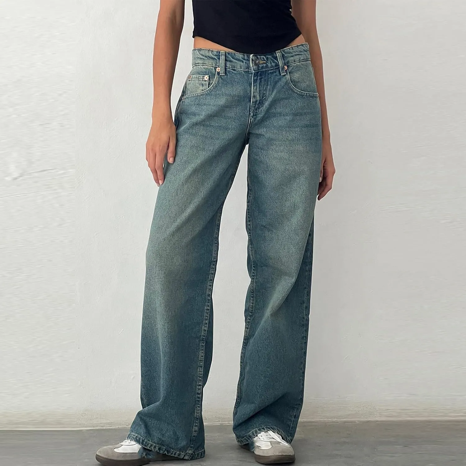Low Rise Baggy Jeans for Women Y2k Boyfriend Barrel Wide Leg Jeans Loose Casual Denim Trousers Jeans with Pockets