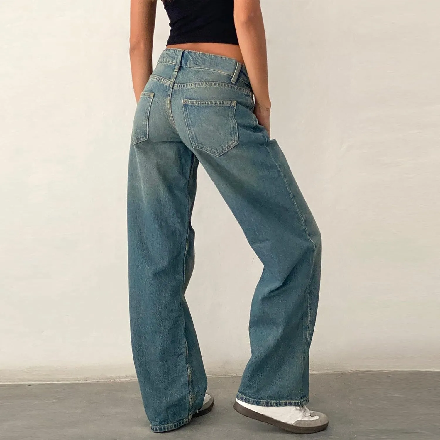 Low Rise Baggy Jeans for Women Y2k Boyfriend Barrel Wide Leg Jeans Loose Casual Denim Trousers Jeans with Pockets
