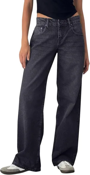 Low Rise Baggy Jeans for Women Y2k Boyfriend Barrel Wide Leg Jeans Loose Casual Denim Trousers Jeans with Pockets