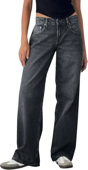 Low Rise Baggy Jeans for Women Y2k Boyfriend Barrel Wide Leg Jeans Loose Casual Denim Trousers Jeans with Pockets