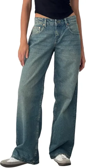 Low Rise Baggy Jeans for Women Y2k Boyfriend Barrel Wide Leg Jeans Loose Casual Denim Trousers Jeans with Pockets