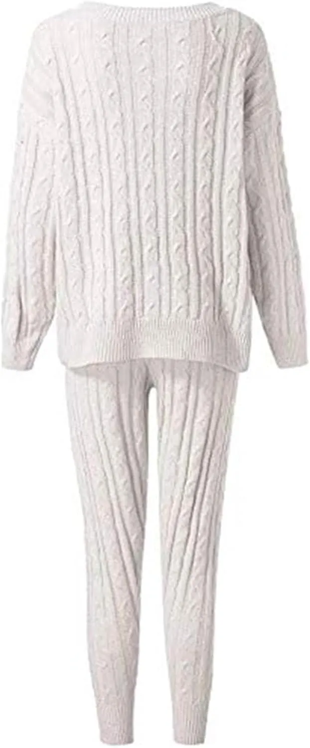 Lucuna Women's 2024 Fall Sweater Set 2 Piece Outfits Cable Knit Chunky Crew Neck Pullover Top Pants Loungewear