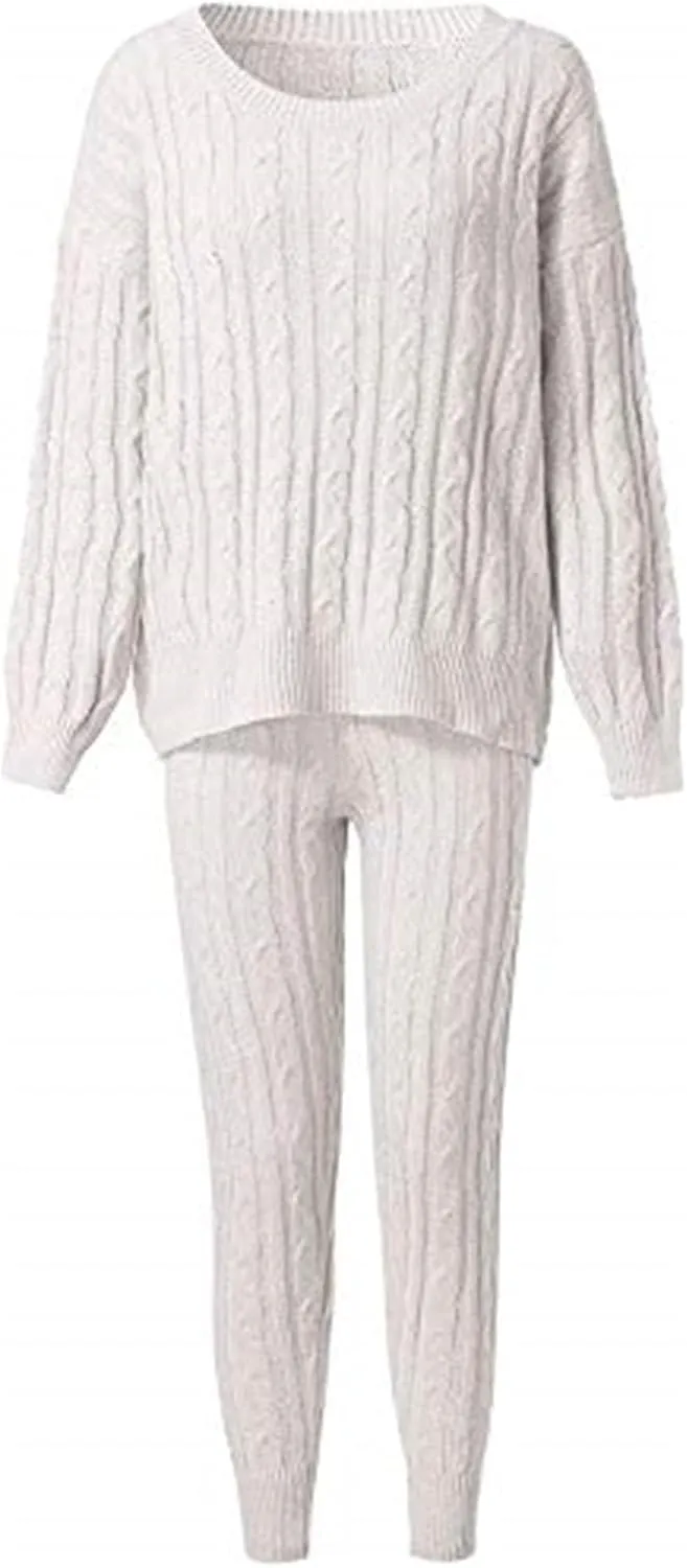 Lucuna Women's 2024 Fall Sweater Set 2 Piece Outfits Cable Knit Chunky Crew Neck Pullover Top Pants Loungewear