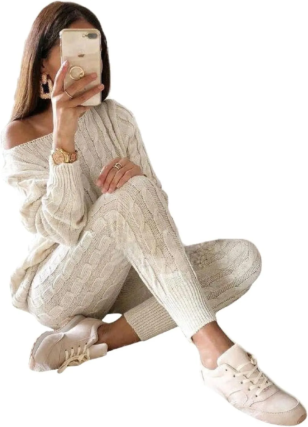 Lucuna Women's 2024 Fall Sweater Set 2 Piece Outfits Cable Knit Chunky Crew Neck Pullover Top Pants Loungewear