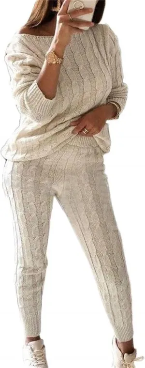 Lucuna Women's 2024 Fall Sweater Set 2 Piece Outfits Cable Knit Chunky Crew Neck Pullover Top Pants Loungewear