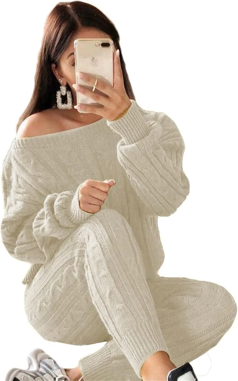 Lucuna Women's 2024 Fall Sweater Set 2 Piece Outfits Cable Knit Chunky Crew Neck Pullover Top Pants Loungewear